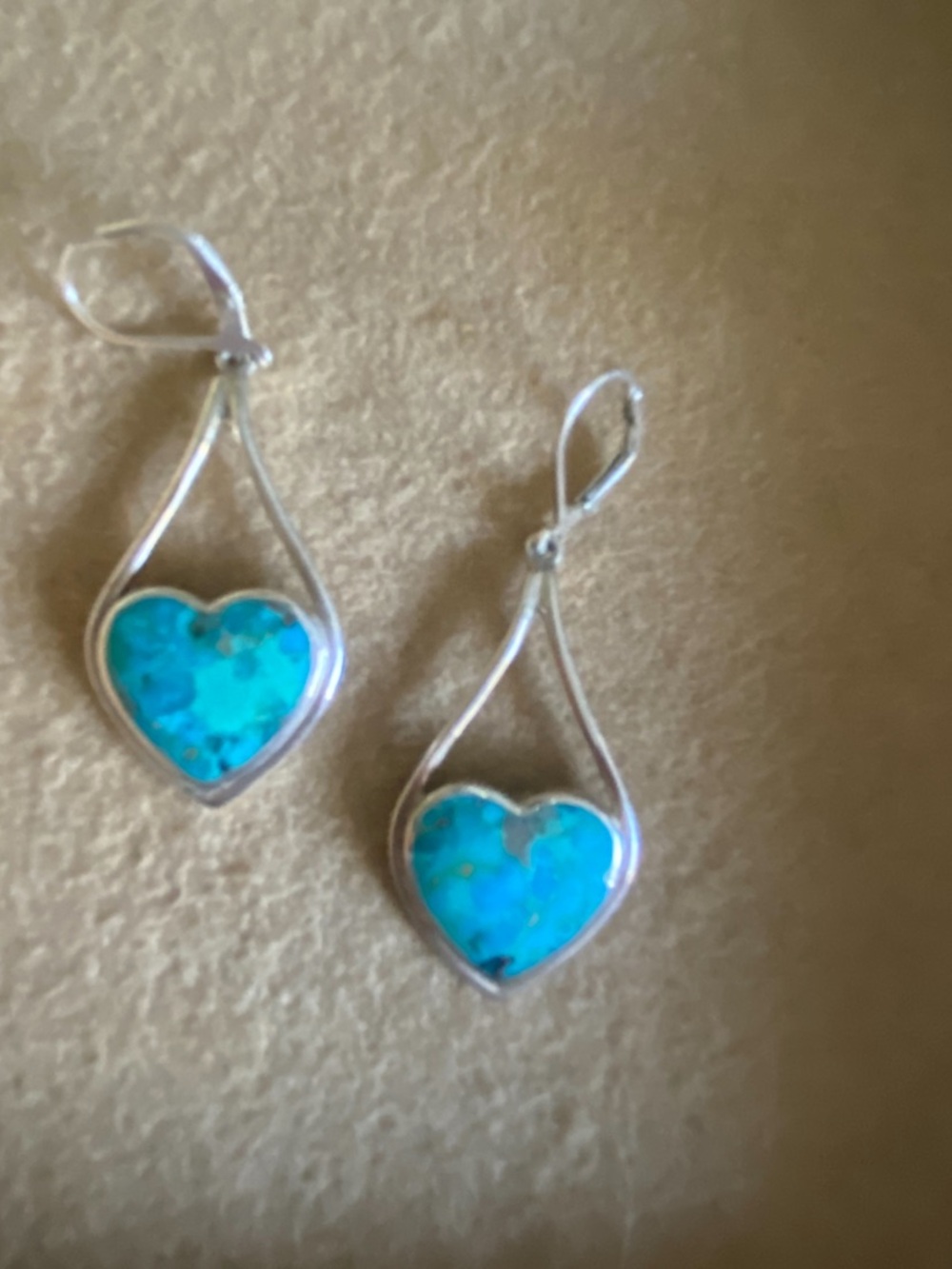 Sterling Silver Heart Drop Earrings with Blue Opal Inlay